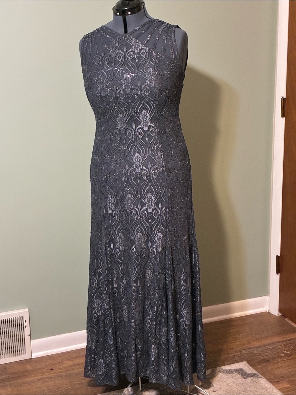 R&M Richards Sleeveless Lace Maxi Dress in Charcoal